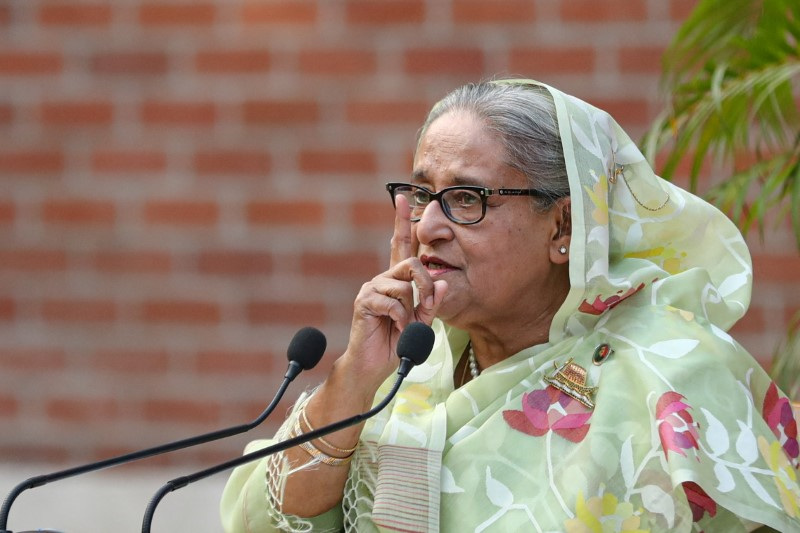 Sheikh Hasina, the newly elected Prime Minister of Bangladesh and Chairperson of Bangladesh Awami League, gestures during a meeting with foreign observers and journalists at the Prime Minister's residence in Dhaka