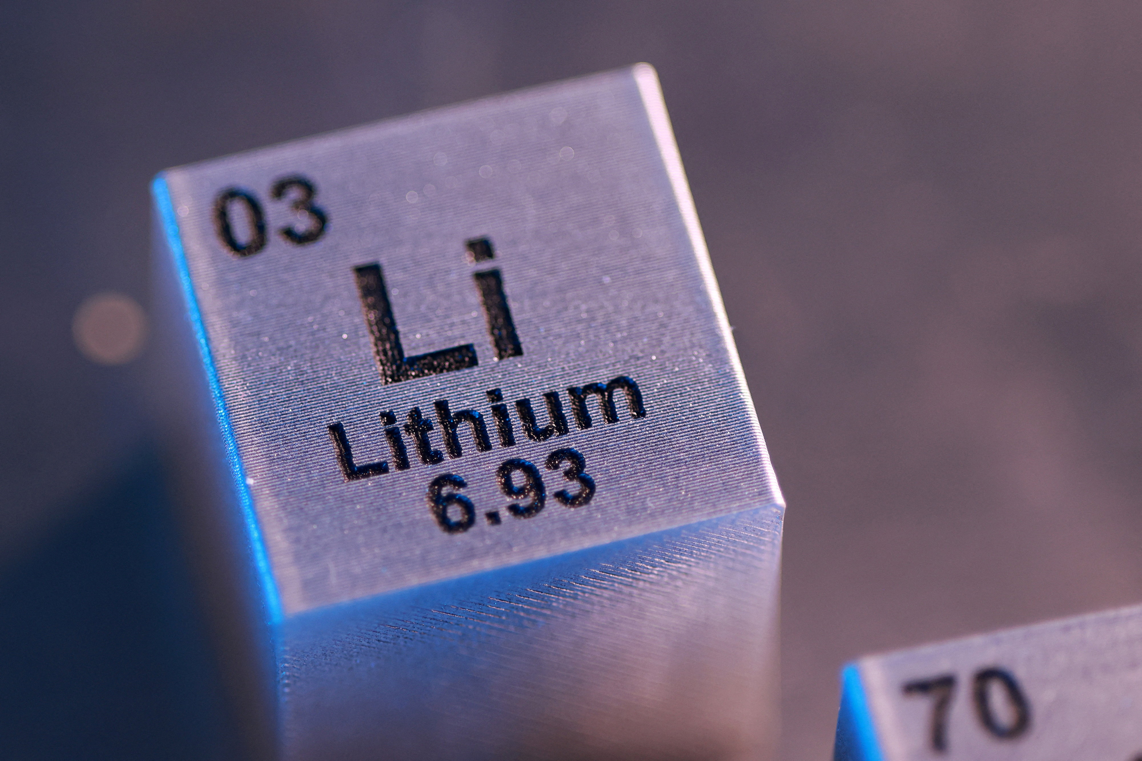 Illustration shows block with the symbol, atomic number and mass number of Lithium (Li) element