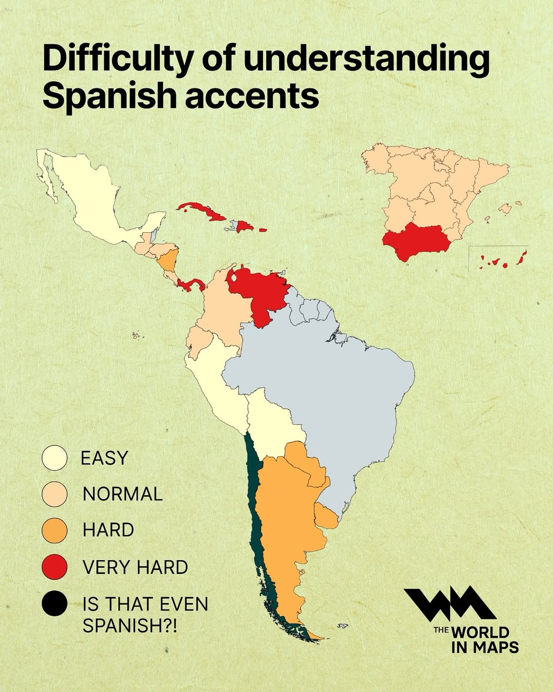 This playful map ranks the perceived difficulty of understanding various Spanish dialects — from the clear and steady speech of Mexico or Colombia to the rapid-fire slang of the Caribbean and southern Spain.🟦 Easy- Neutral accents, slo