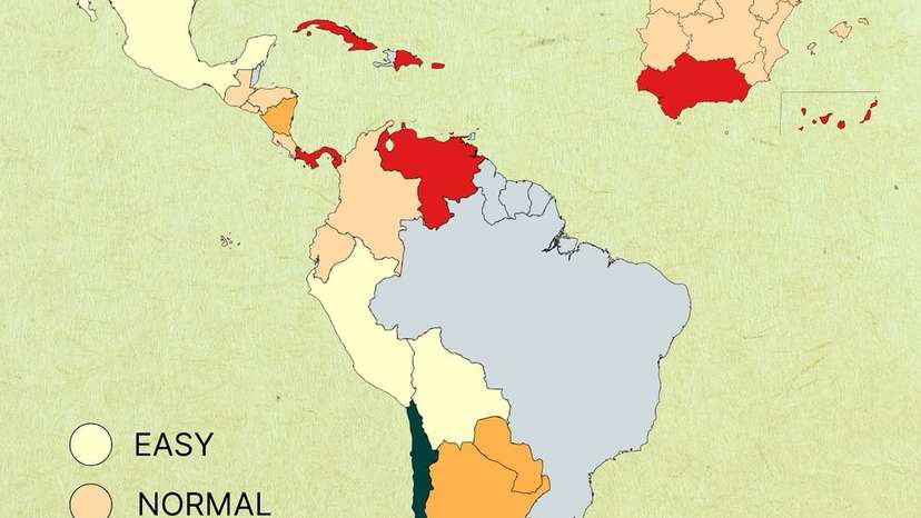 This playful map ranks the perceived difficulty of understanding various Spanish dialects — from the clear and steady speech of Mexico or Colombia to the rapid-fire slang of the Caribbean and southern Spain.🟦 Easy- Neutral accents, slo