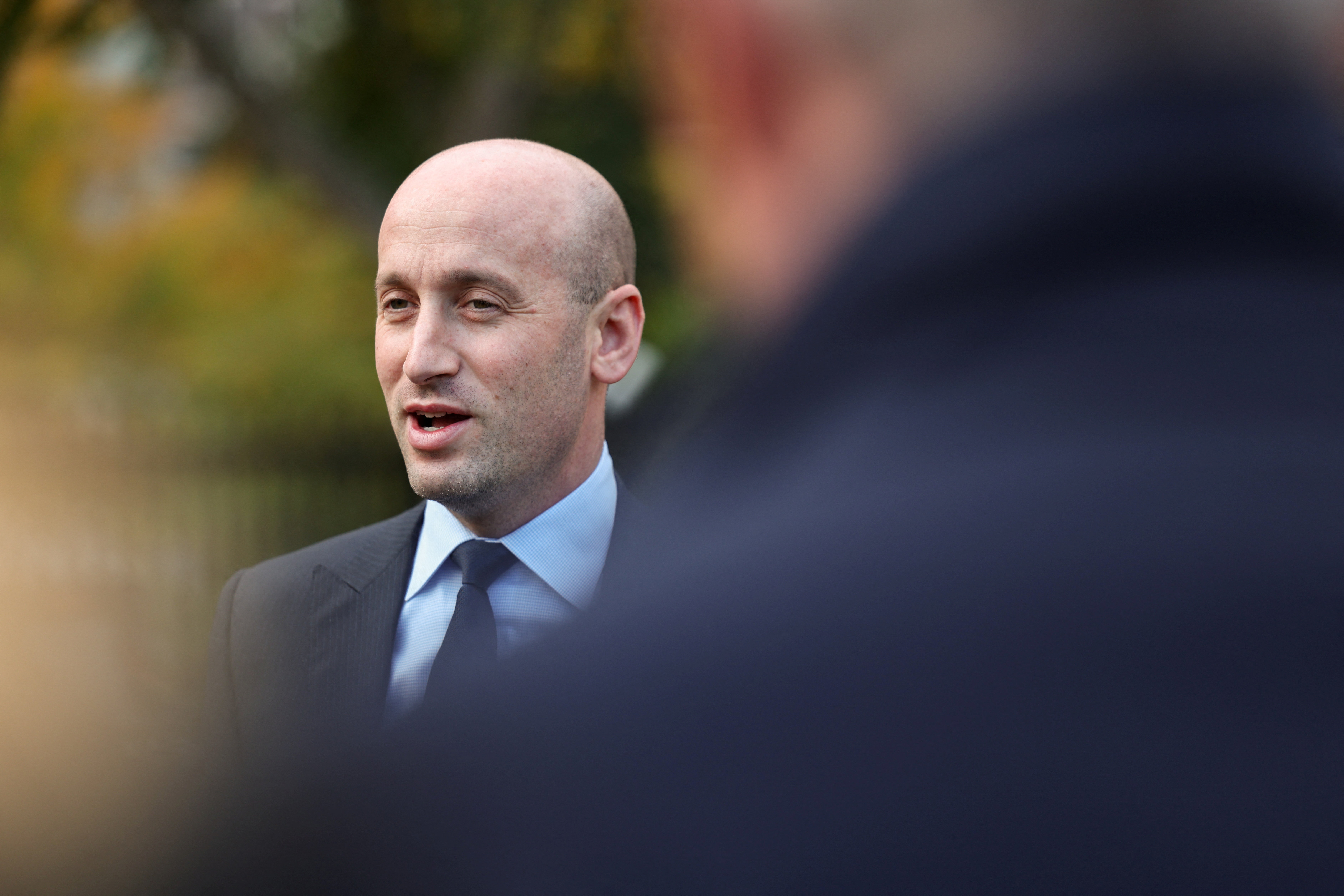 White House Deputy Chief of Staff Stephen Miller speaks with reporters outside the White House in Washington, D.C.