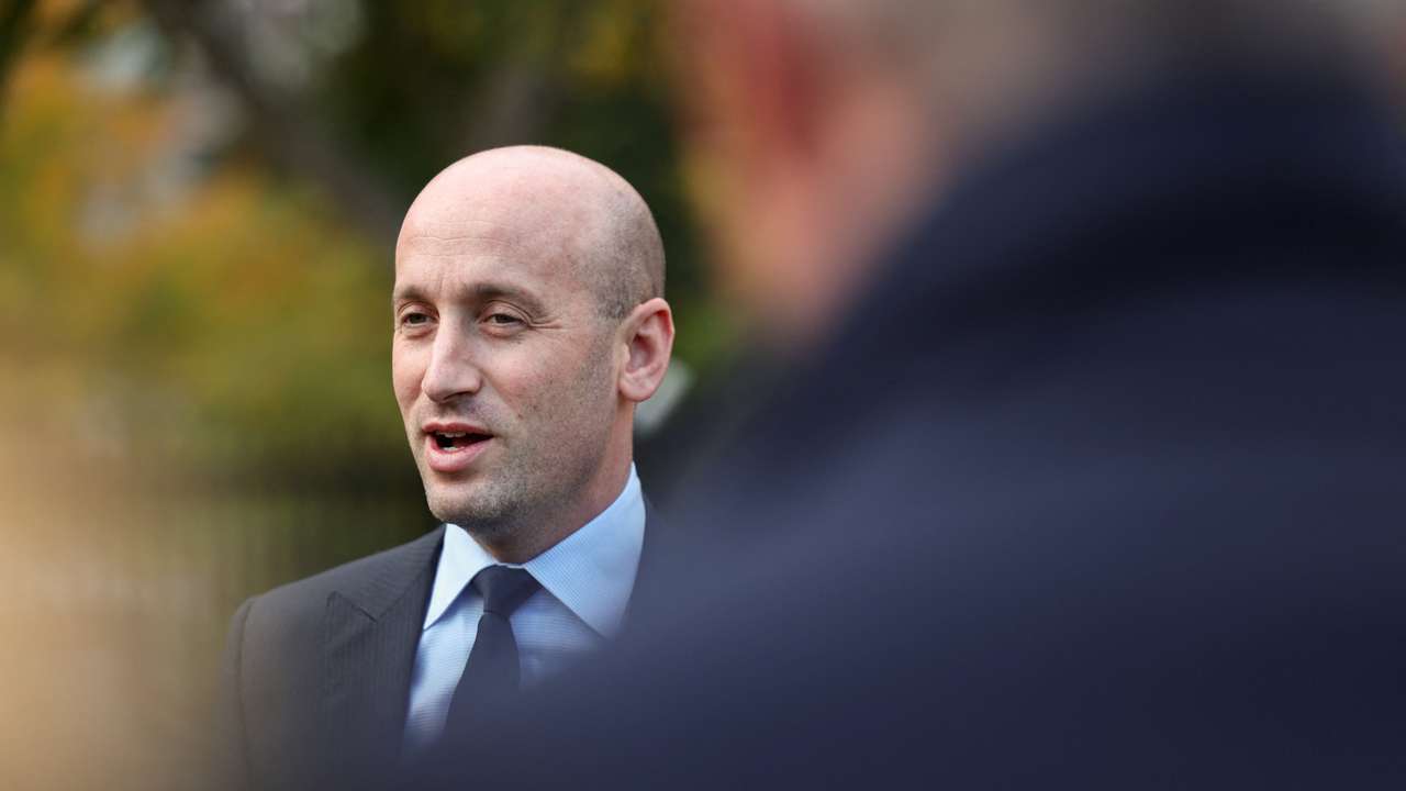 White House Deputy Chief of Staff Stephen Miller speaks with reporters outside the White House in Washington, D.C.