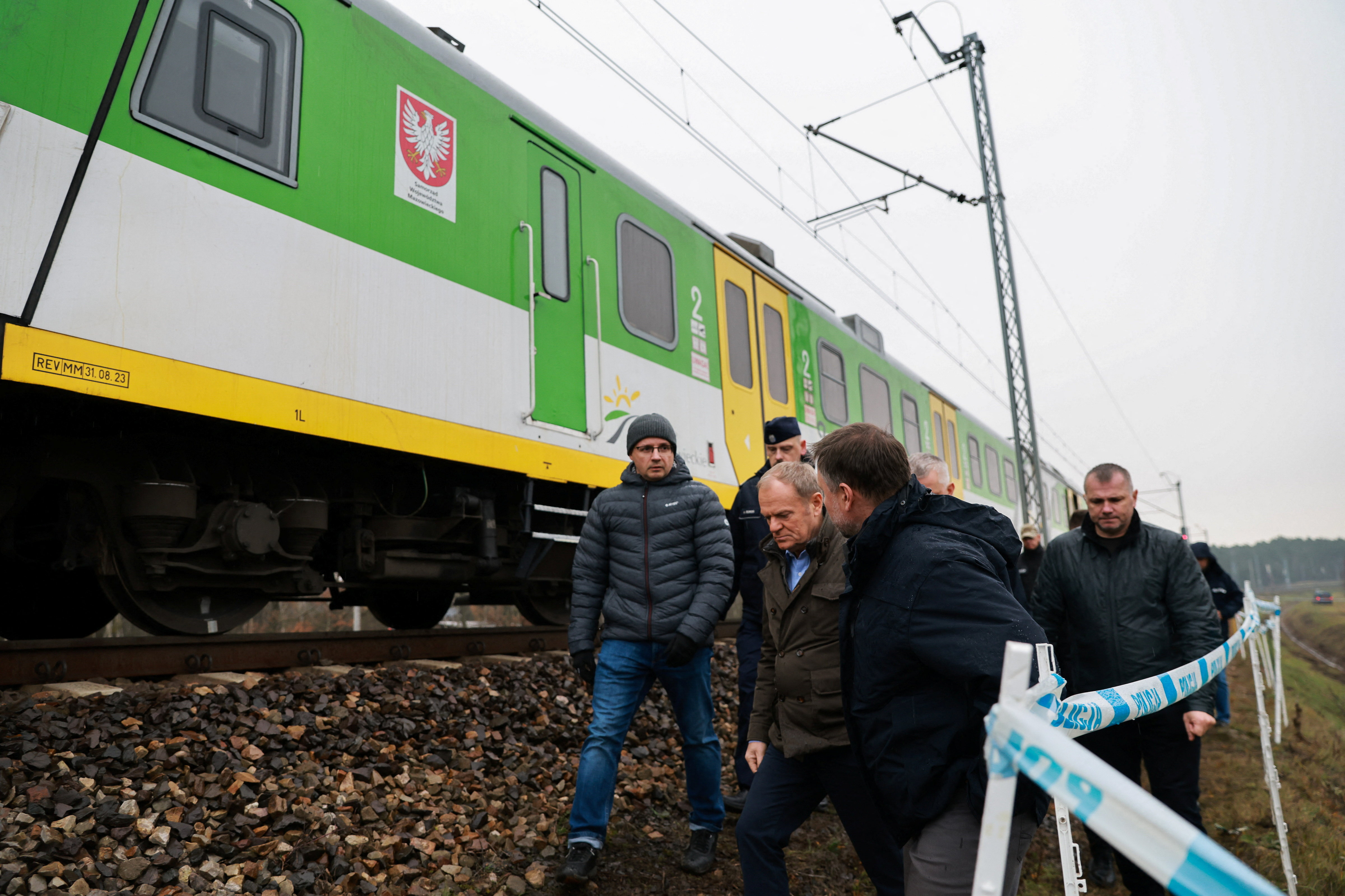 Polish PM Tusk visits blast site on railways of Warsaw-Lublin line in Mika