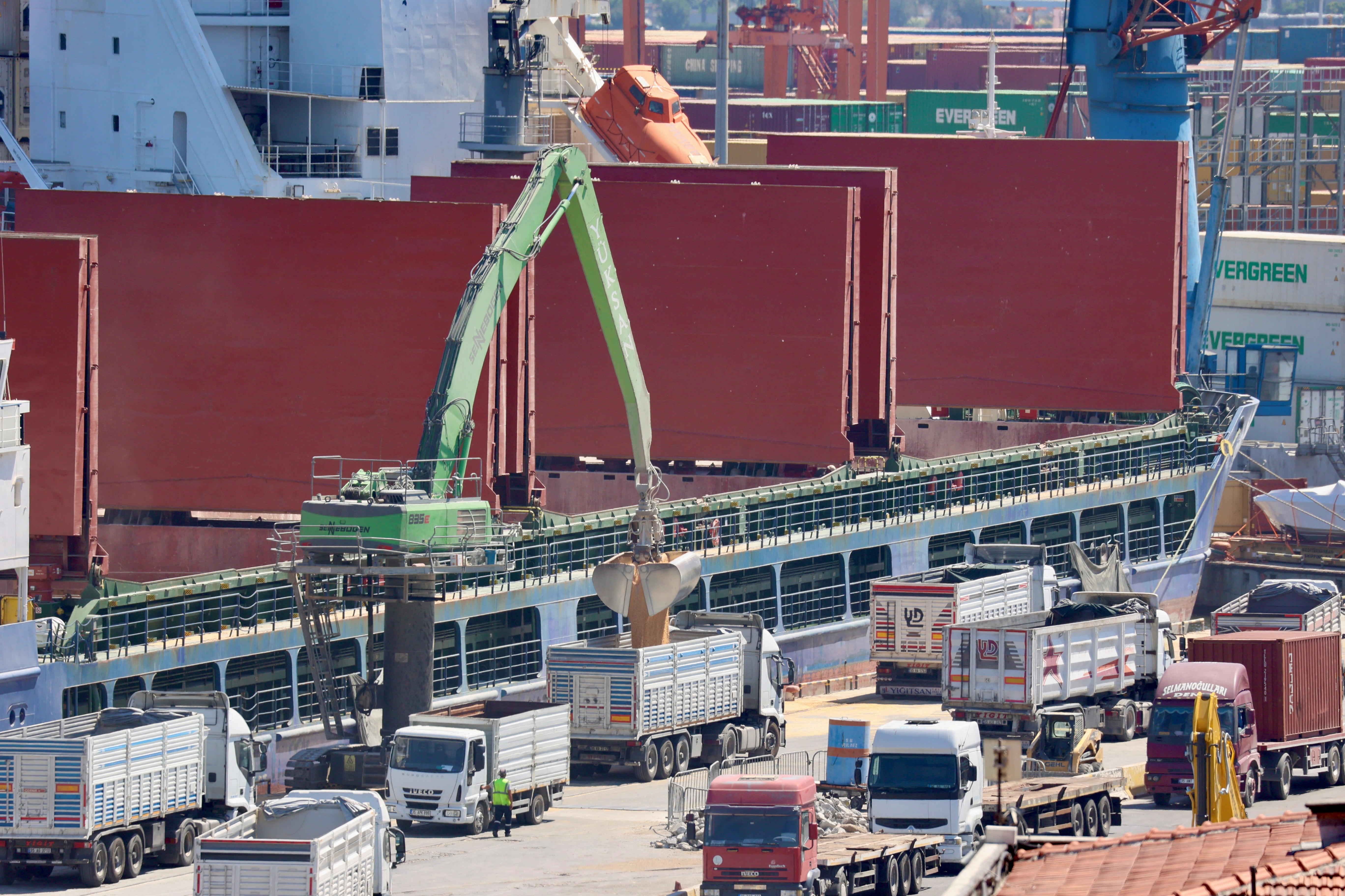 Russian-flagged bulk carrier SV Nikolay is unloaded at Izmir port in the Aegean city of Izmir