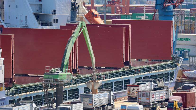 Russian-flagged bulk carrier SV Nikolay is unloaded at Izmir port in the Aegean city of Izmir