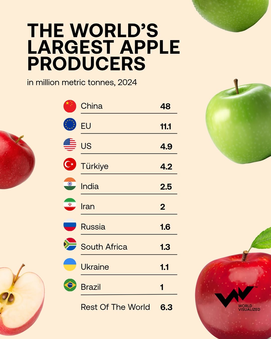 China is the world’s largest producer of apples, cultivating over 48 million metric tonnes annua