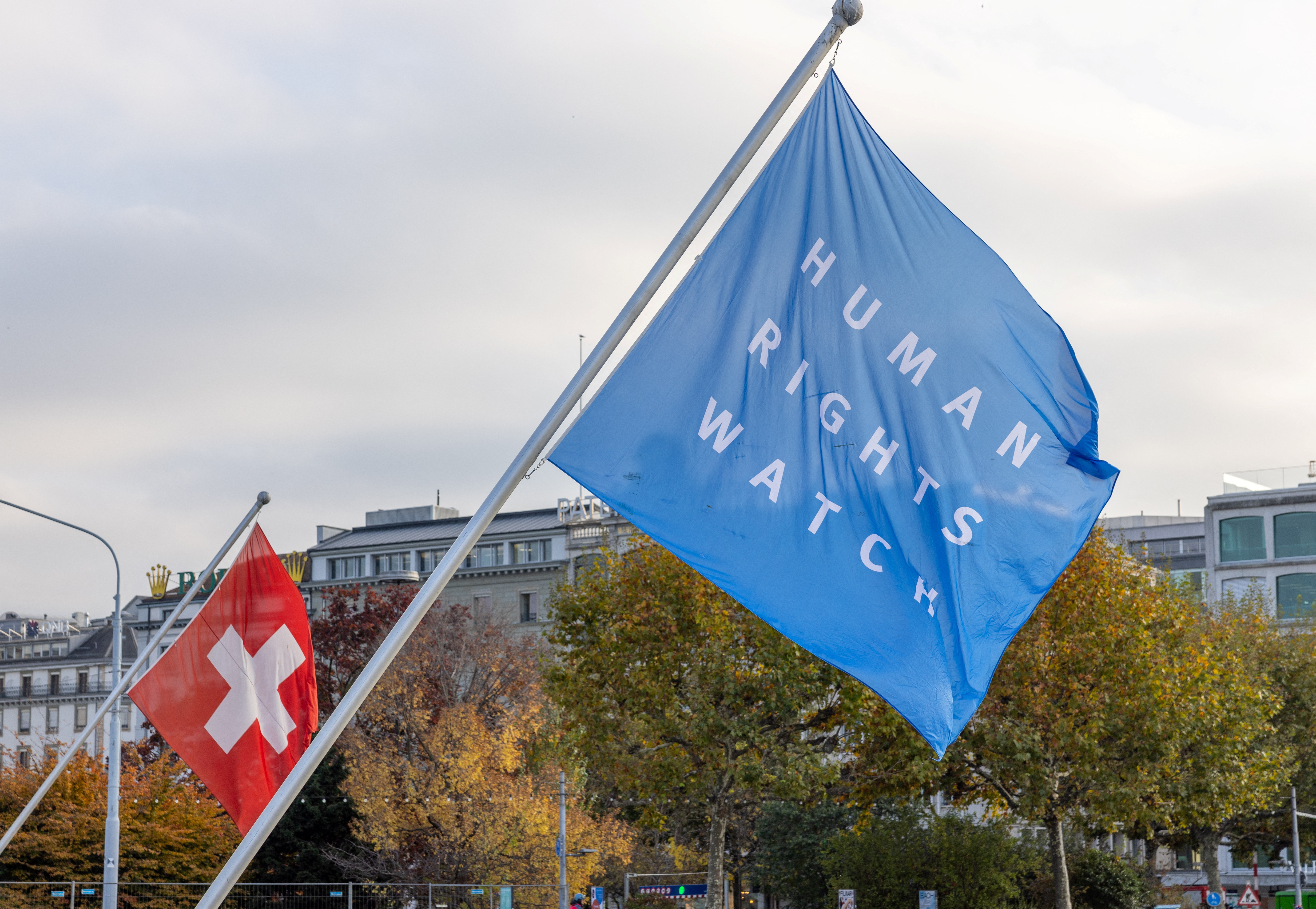 A Human Rights Watch flag is pictured on the Mont-Blanc bridge in Geneva