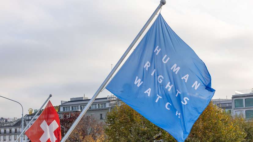 A Human Rights Watch flag is pictured on the Mont-Blanc bridge in Geneva