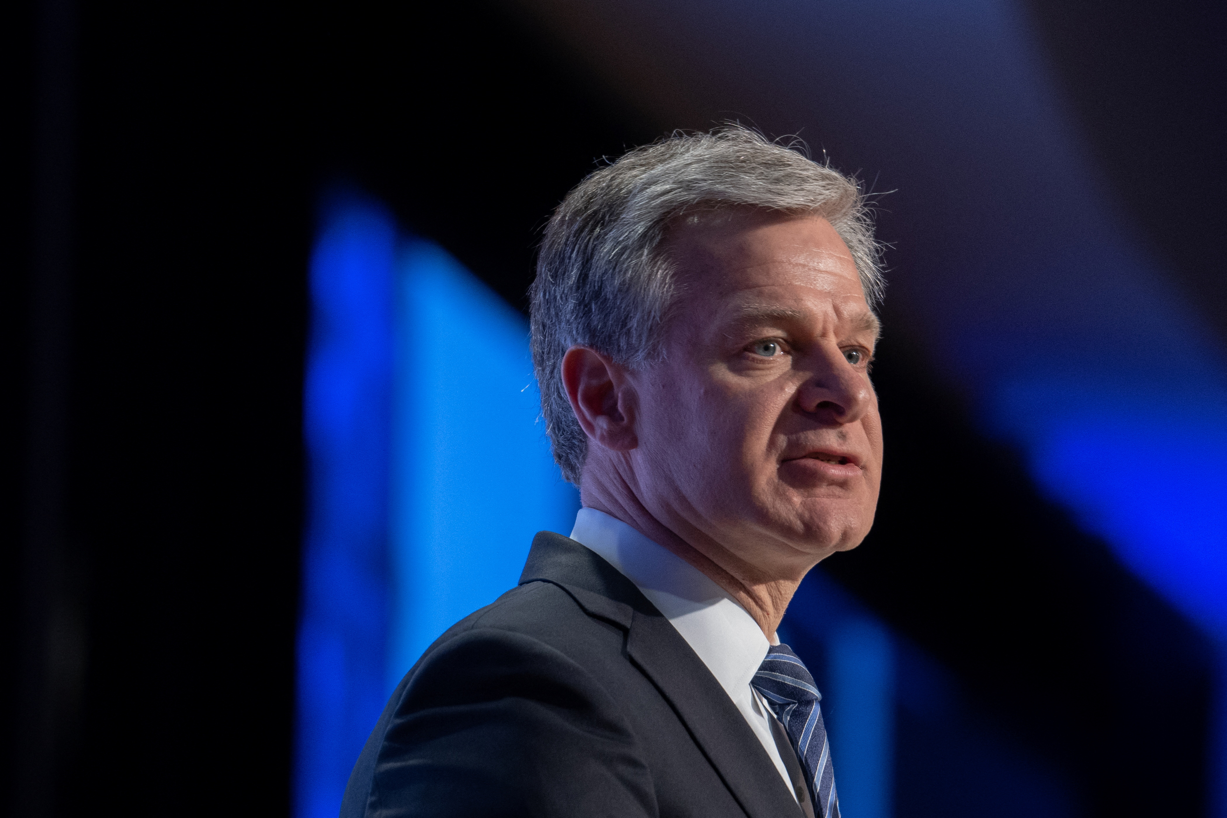 Federal Bureau of Investigation (FBI) Director Christopher Wray speaks during the Anti-Defamation League's "Never is Now" summit at the Jacob Javits Convention Center in New York