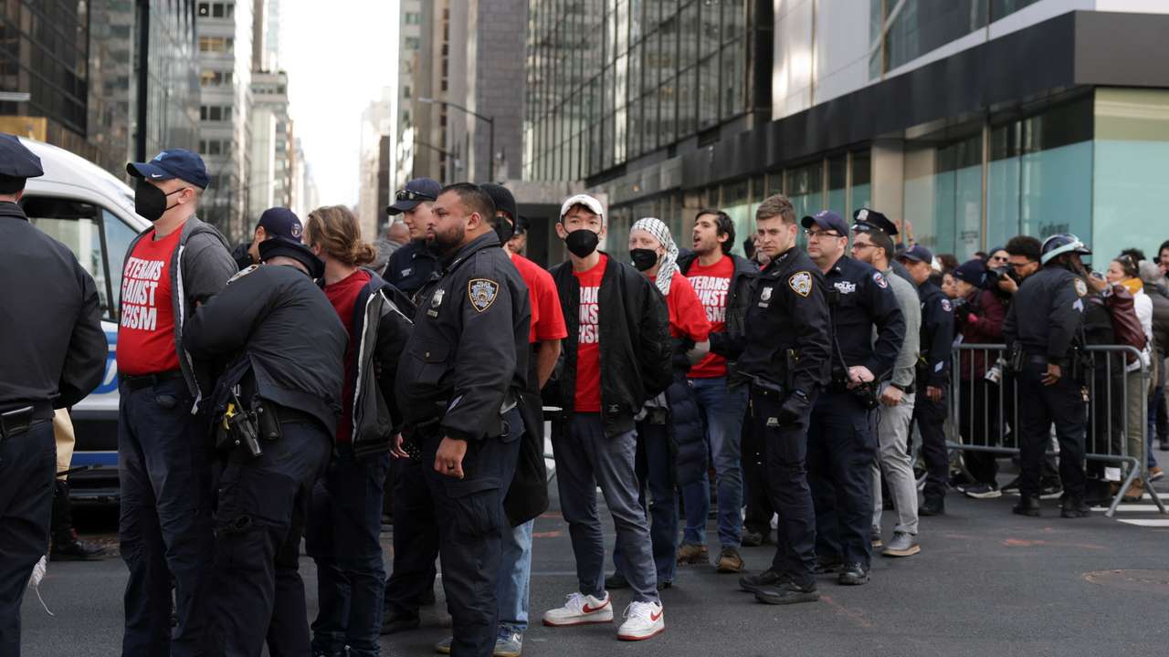 People protest against the ICE detention of Palestinian activist and Columbia University graduate student Mahmoud Khalil, at Trump Tower in New York City