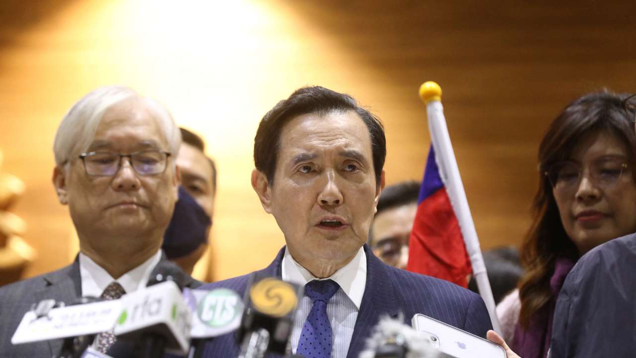 Former Taiwanese President Ma Ying-jeou speaks to the media at Taoyuan international airport after concluding his 12-day trip to China in Taoyuan
