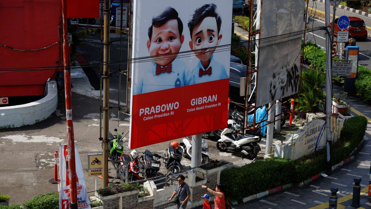 A billboard promoting Indonesia's Defence Minister and Presidential candidate Prabowo Subianto and his running mate Gibran Rakabuming Raka in Jakarta