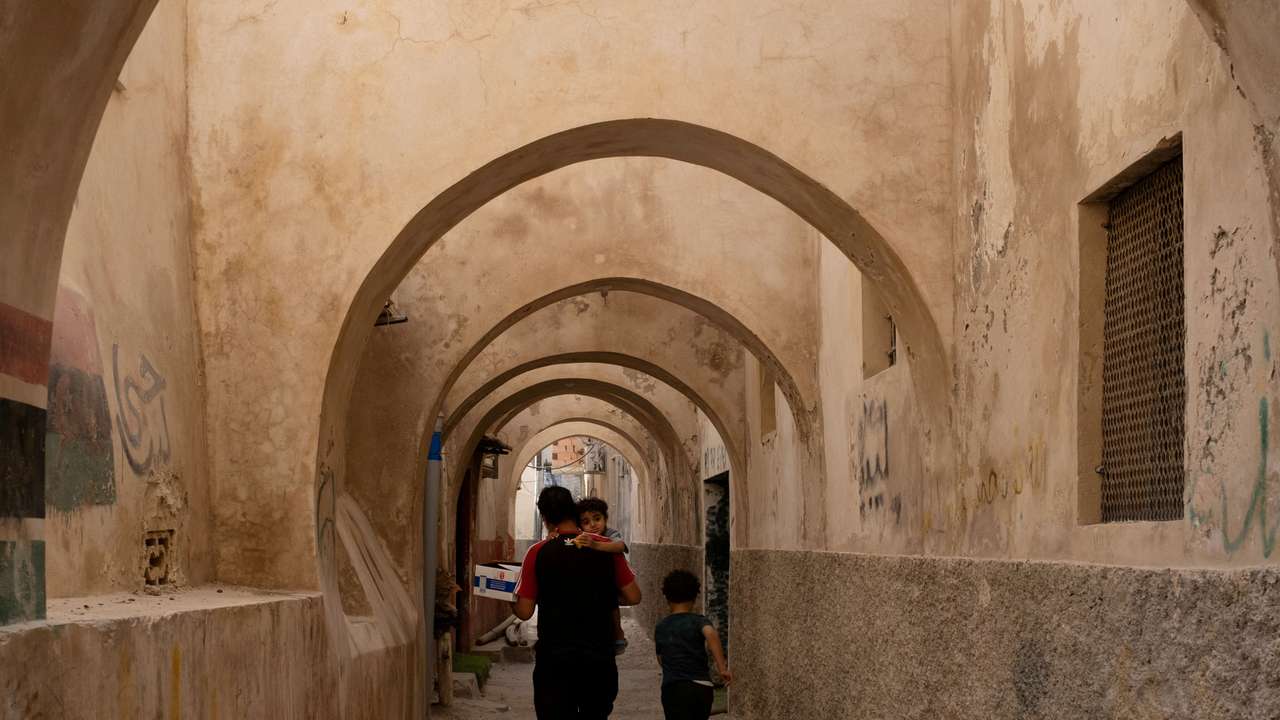 FILE PHOTO: A man walks with his son in the old city of Tripoli