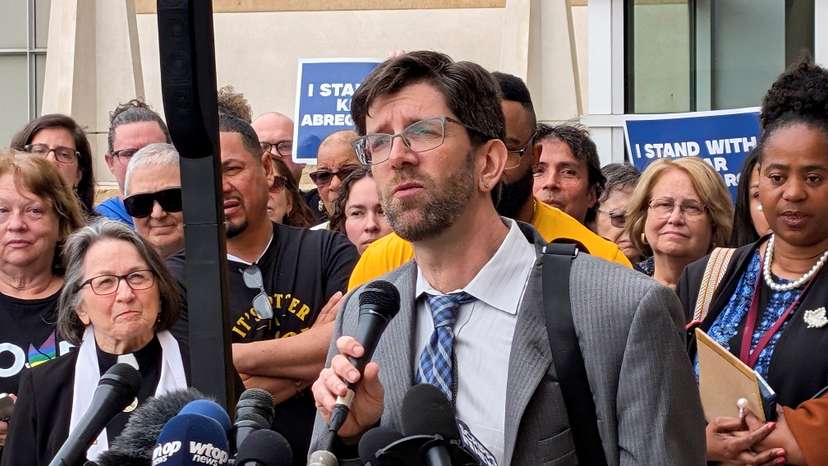 Attorney Simon Sandoval-Moshenberg speaks outside the US courthouse in Greenbelt, Maryland