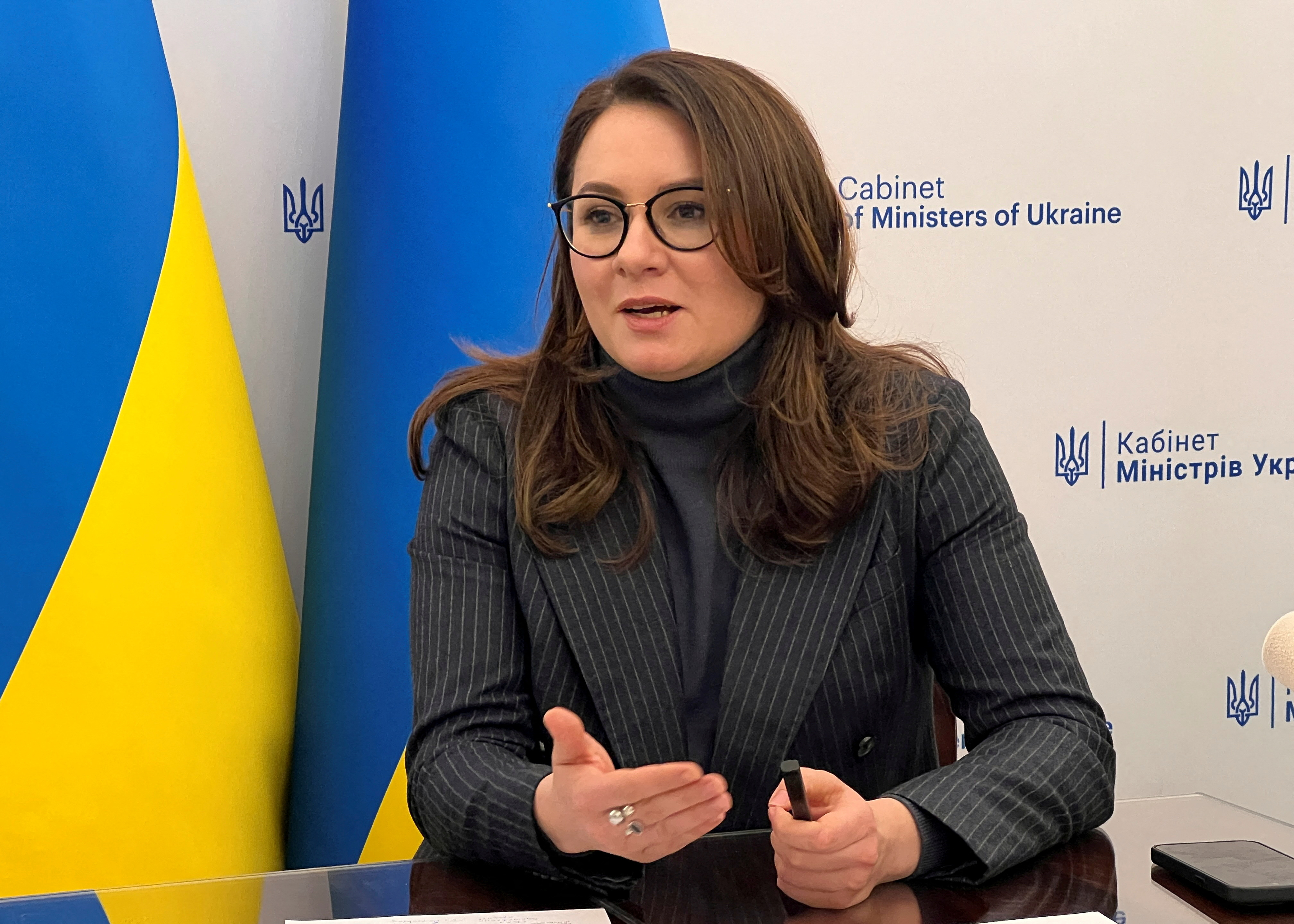 FILE PHOTO: Ukrainian First Deputy Prime and Economy Minister Yulia Svyrydenko speaks with Reuters, amid Russia's invasion of Ukraine, in Kyiv