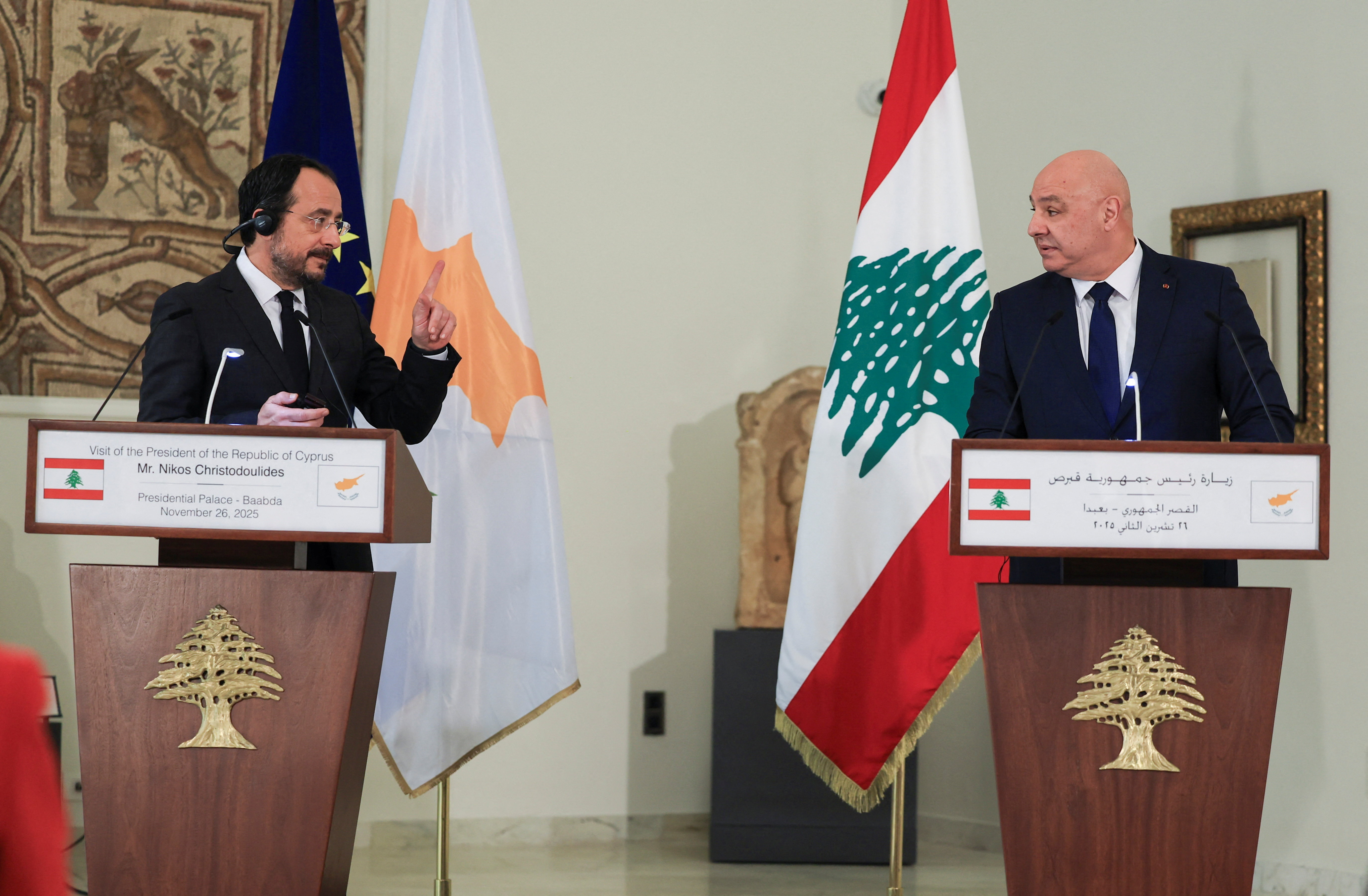 Cyprus' President Nikos Christodoulides and Lebanese President Joseph Aoun attend a press conference after the signing of the maritime demarcation agreement, at the presidential palace in Baabda