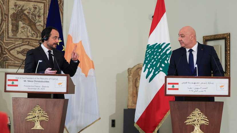 Cyprus' President Nikos Christodoulides and Lebanese President Joseph Aoun attend a press conference after the signing of the maritime demarcation agreement, at the presidential palace in Baabda