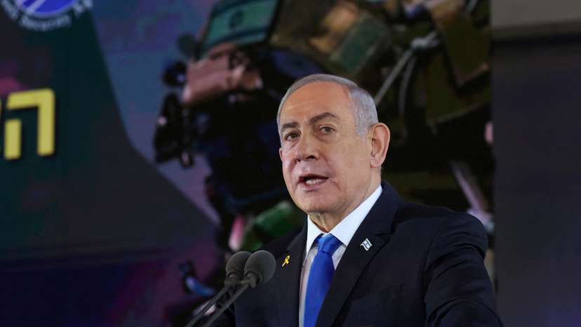 Israel's Prime Minister Benjamin Netanyahu takes part in a memorial ceremony of the Hamas attack on October 7, in Jerusalem