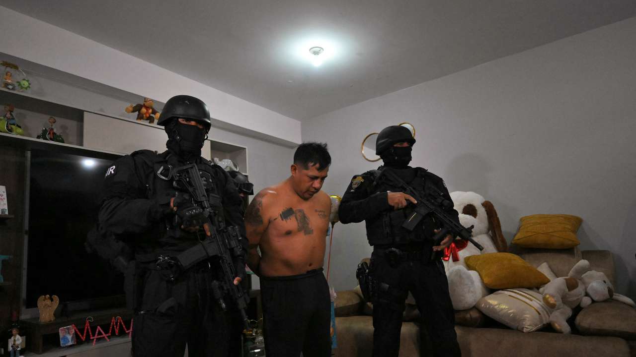 Police arrest Eduardo Gomez, alias "Gordo Paul", a leader of Los Lobos drug trafficking group, during a curfew imposed by Ecuador's President Daniel Noboa to tackle organized crime, in Quito in the early hours of May 14, 2026. Ecuador's police on May 14 captured a "dangerous" leader of Los Lobos, the country's largest drug trafficking group, in a cinematic operation led by Interior Minister Jhon Reimberg, AFP reporters witnessed. (Photo by AFP)
