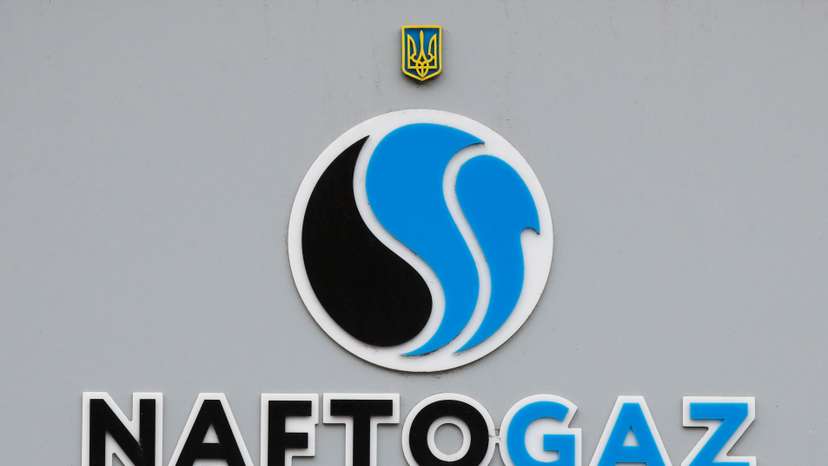 The logo of the Ukraine's state energy company Naftogaz is seen outside the company's headquarters in central Kyiv
