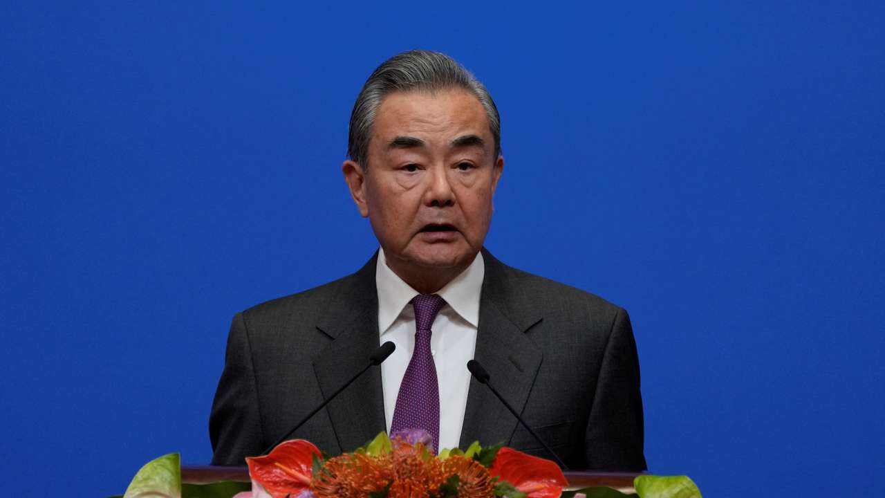 Chinese Foreign Minister Wang Yi speaks during a reception for Commemoration of the 45th Anniversary of China-U.S. Diplomatic Relations at the Diaoyutai Guest House in Beijing