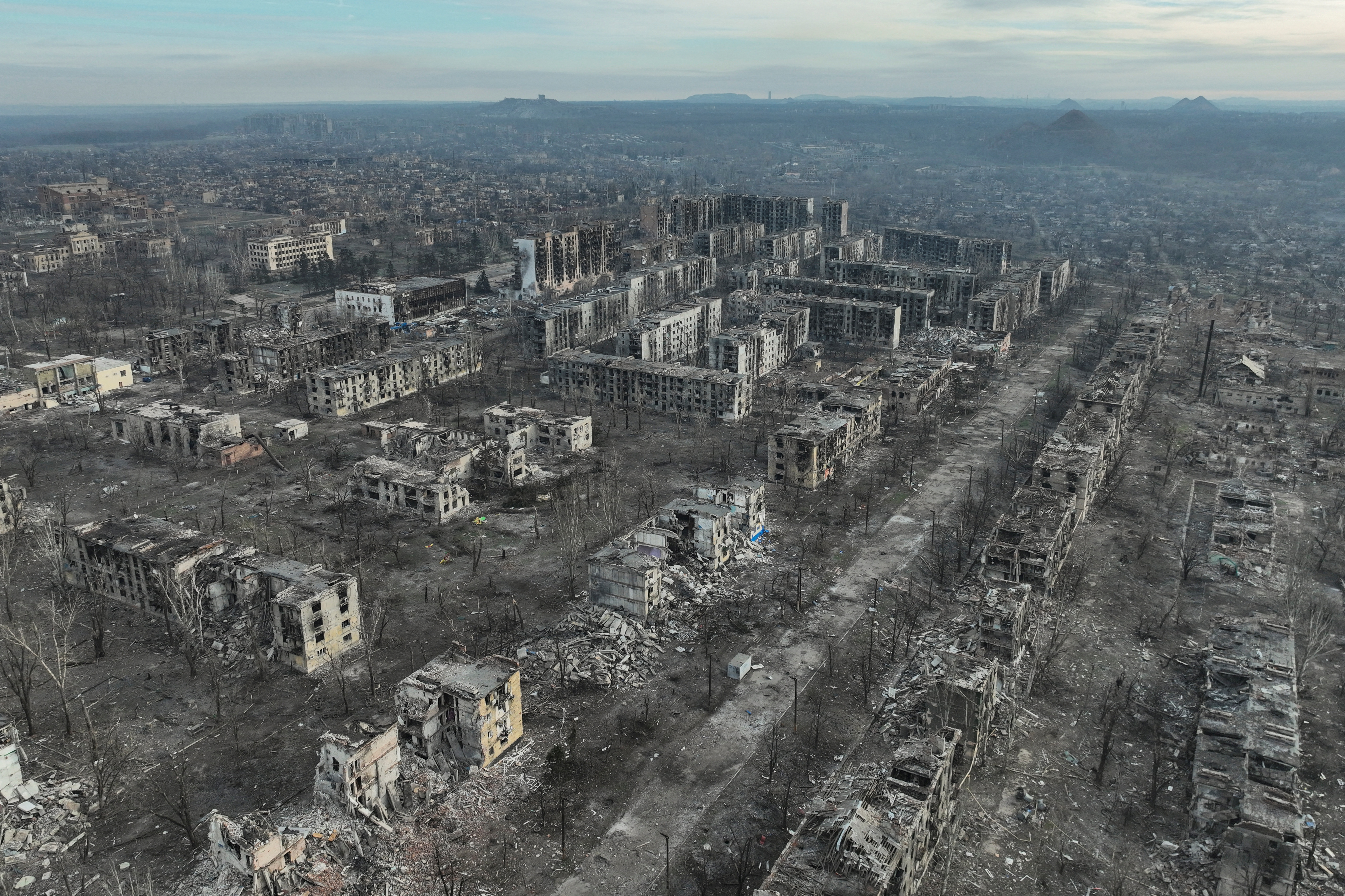 Drone view shows damaged buildings in Toretsk