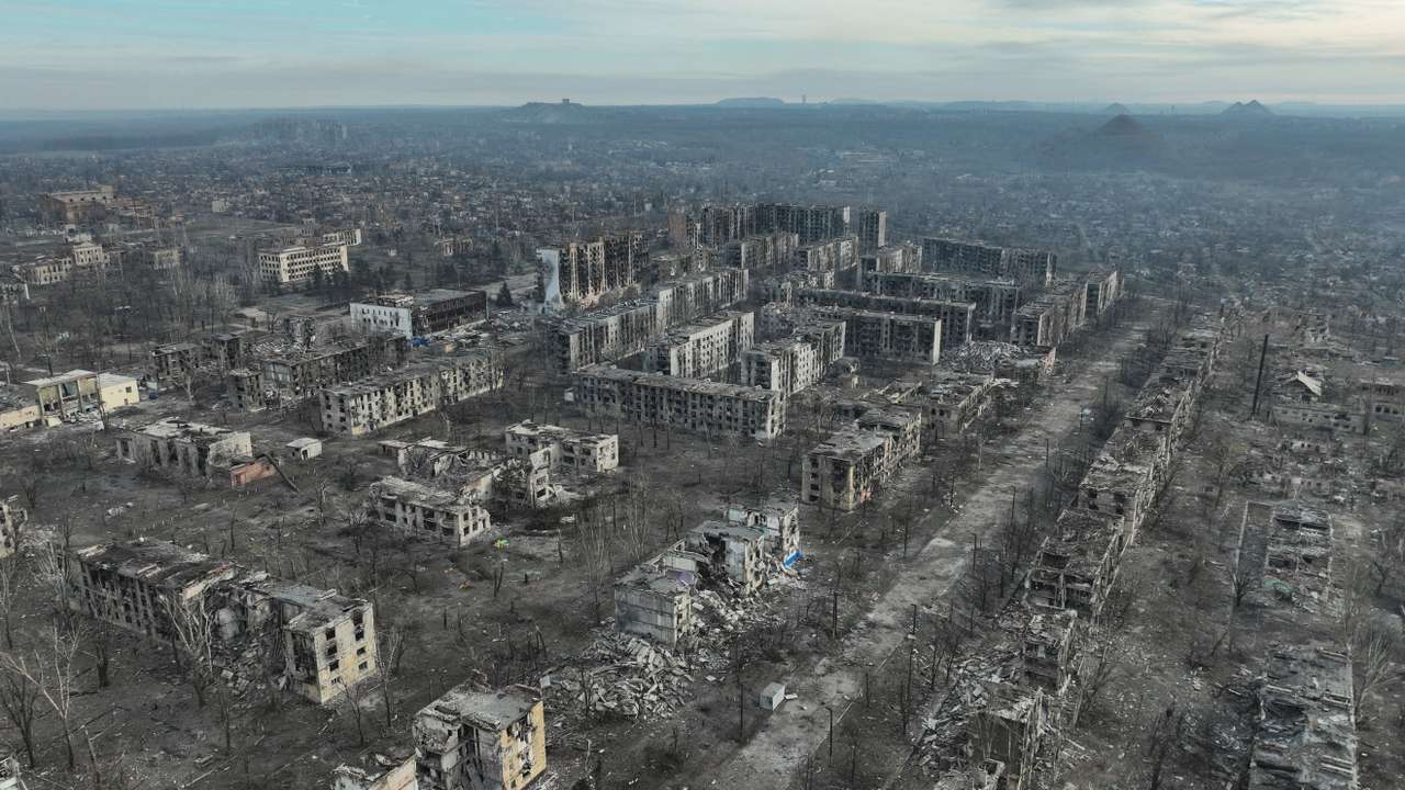 Drone view shows damaged buildings in Toretsk