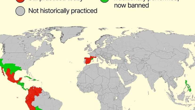 This map traces the global legacy of Spanish-style bullfighting, a centuries-old tradition that once spread far beyond Spain through colonial influence. The countries marked in red—including Spain, parts of Mexico, Colombia, Peru, and Ecu