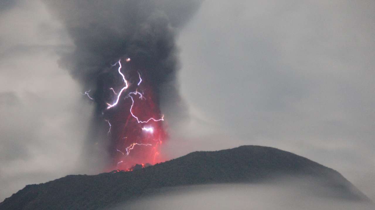Mount Ibu volcano eruption as seen from Gam Ici in West Halmahera, North Maluku