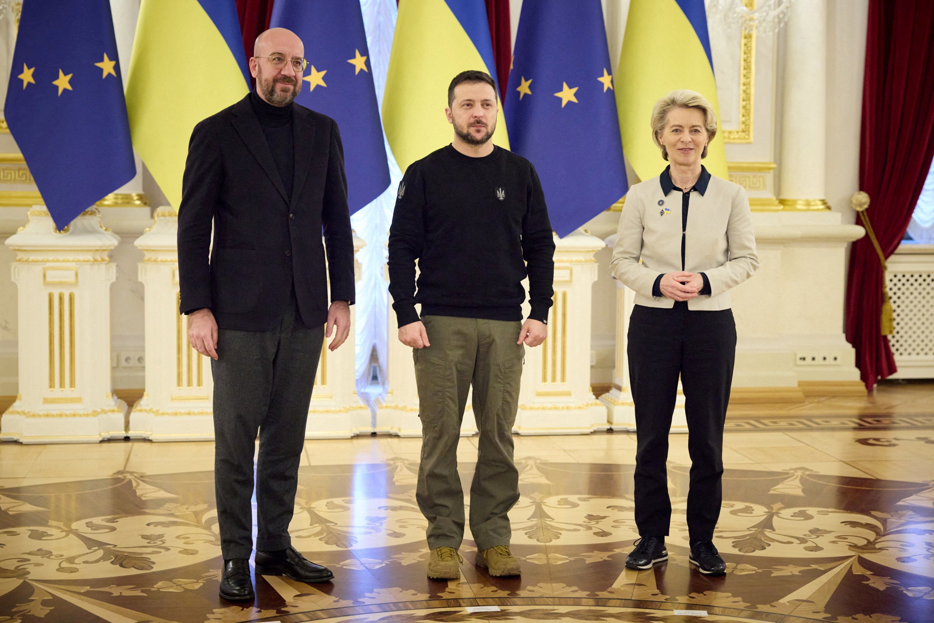 FILE PHOTO: Ukraine's President Zelenskiy, European Commission President von der Leyen and European Council President Michel pose for a picture during a European Union (EU) summit in Kyiv