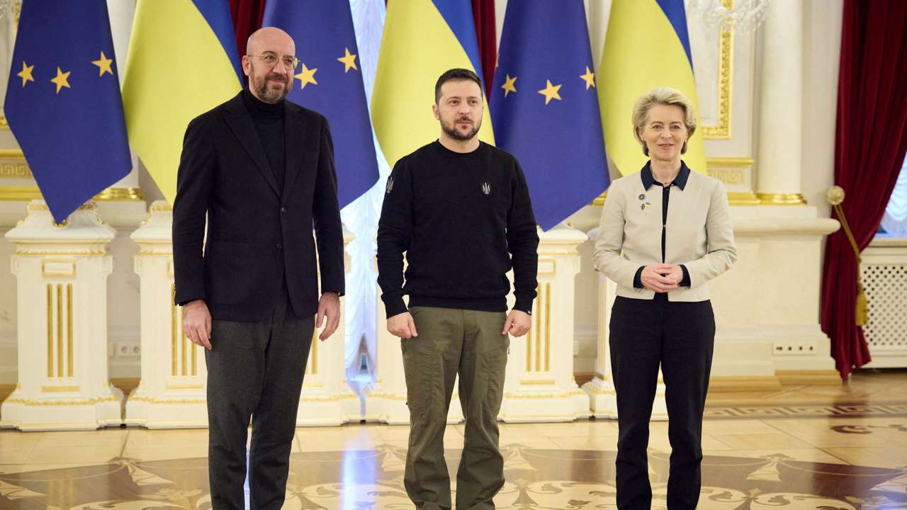 FILE PHOTO: Ukraine's President Zelenskiy, European Commission President von der Leyen and European Council President Michel pose for a picture during a European Union (EU) summit in Kyiv
