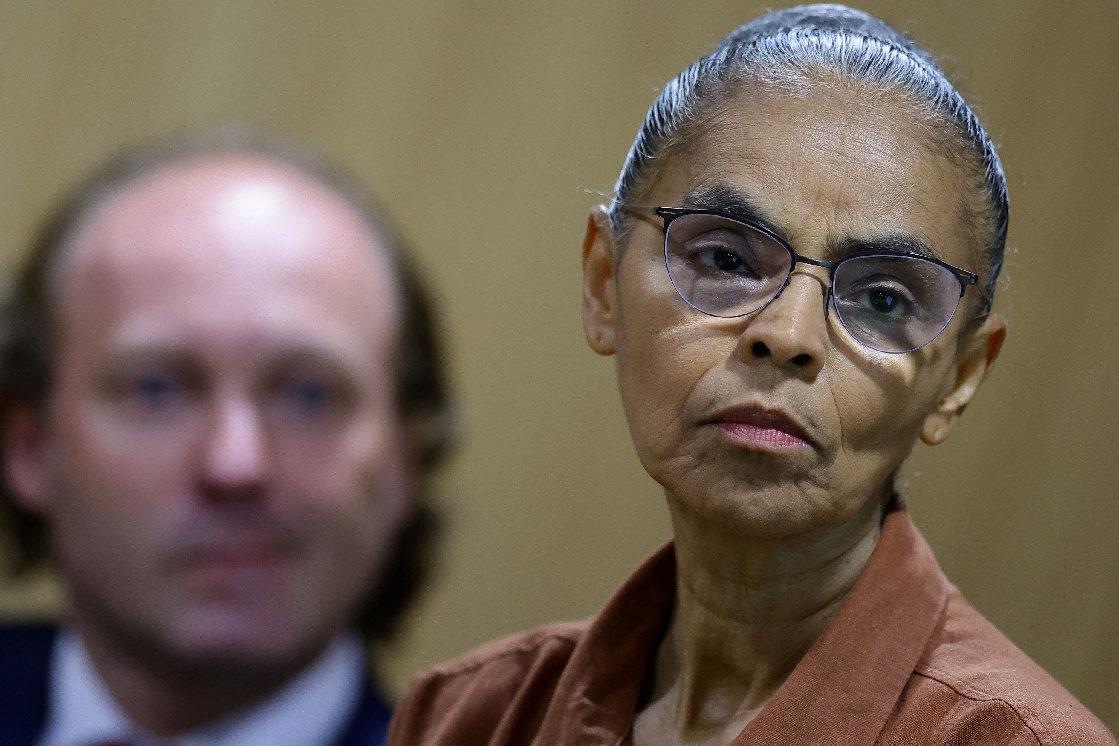 Brazil's Minister of Environment Marina Silva and Rodrigo Agostinho, President of the Brazilian Institute for the Environment and Renewable Natural Resources (IBAMA), attend an event in Brasilia