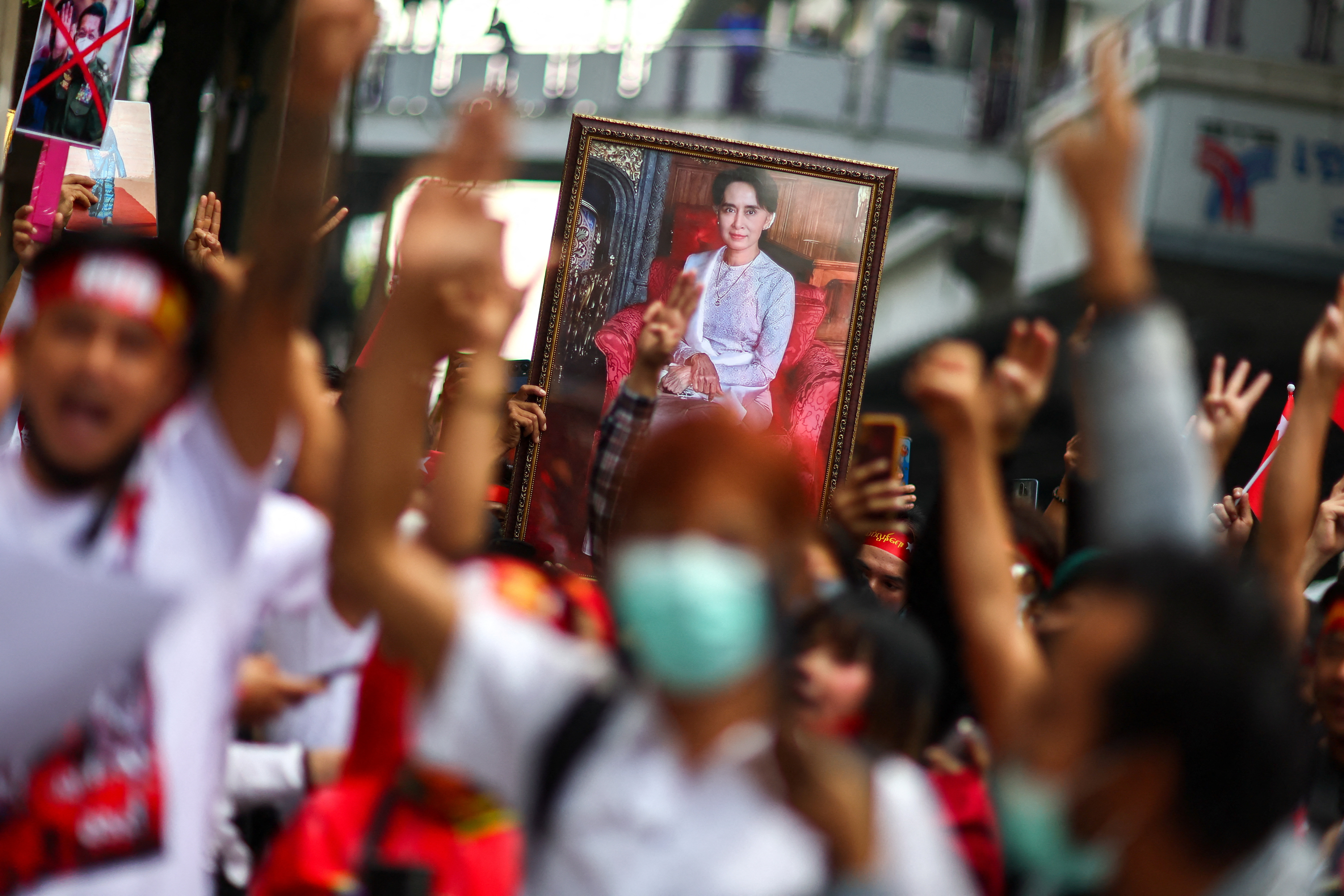 FILE PHOTO: Protest marking the second anniversary of Myanmar's 2021 military coup outside Myanmar Embassy, in Bangkok