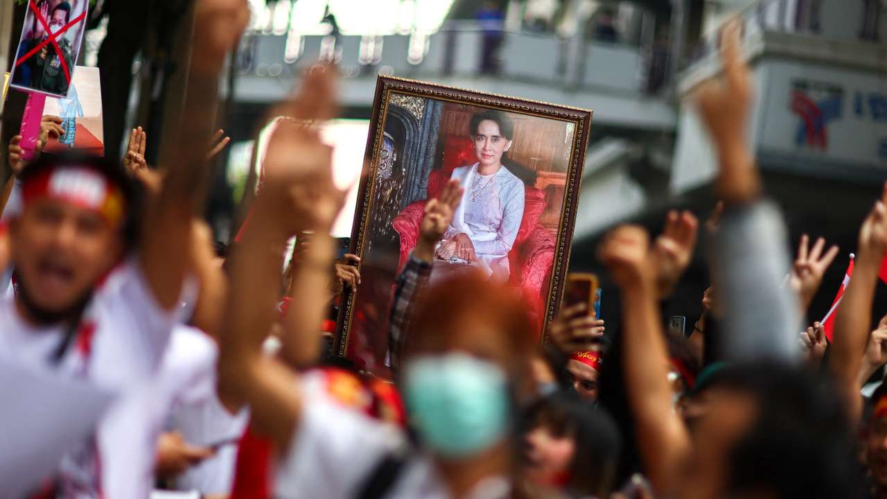 FILE PHOTO: Protest marking the second anniversary of Myanmar's 2021 military coup outside Myanmar Embassy, in Bangkok
