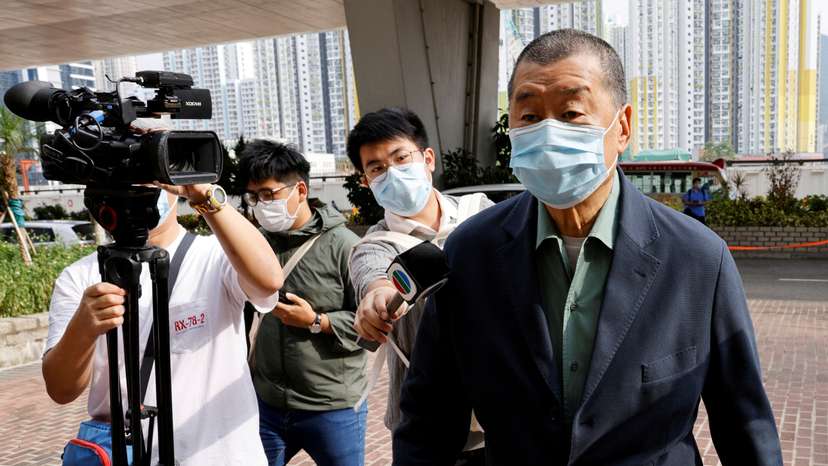 FILE PHOTO: Media mogul Jimmy Lai Chee-ying, founder of Apple Daily arrives at West Kowloon Magistrates's Courts to face charges related to an illegal vigil assembly commemorating the 1989 Tiananmen Square crackdown, in Hong Kong