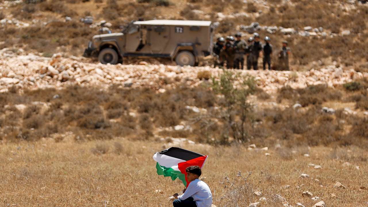 Palestinians demonstrate against what they say is Israel's confiscation of their land in Raba