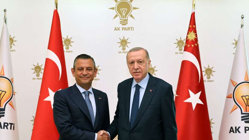 FILE PHOTO: Turkey's President Tayyip Erdogan meets with Turkey's main opposition Republican People's Party leader Ozgur Ozel in Ankara