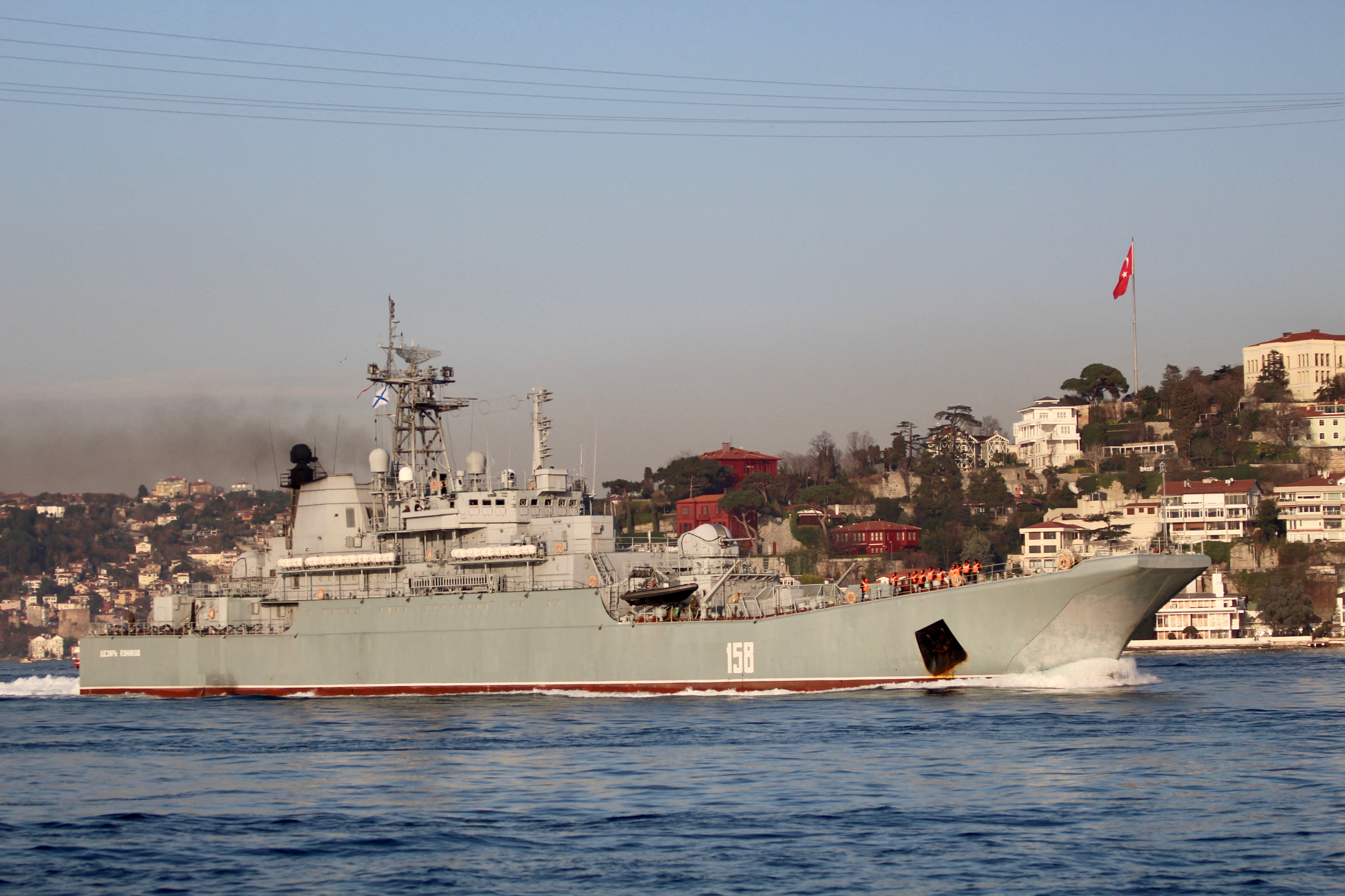 FILE PHOTO: The Russian Navy's large landing ship Caesar Kunikov sets sail in Istanbul's Bosphorus