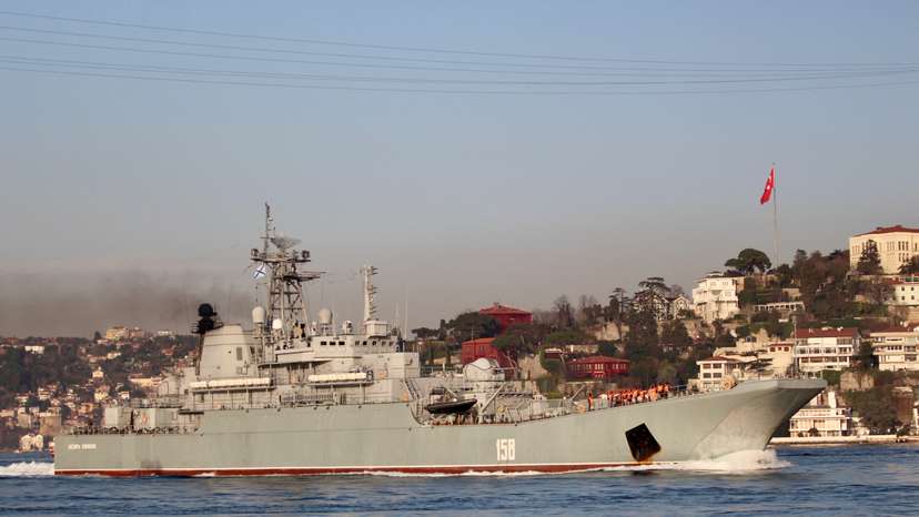 FILE PHOTO: The Russian Navy's large landing ship Caesar Kunikov sets sail in Istanbul's Bosphorus