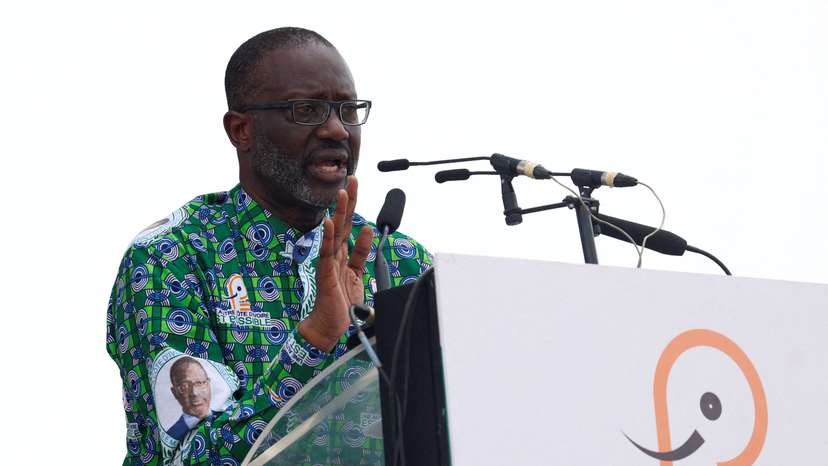 FILE PHOTO: Tidjane Thiam, president of the PDCI (Democratic Party of Cote d'Ivoire), speaks during a meeting in Abidjan