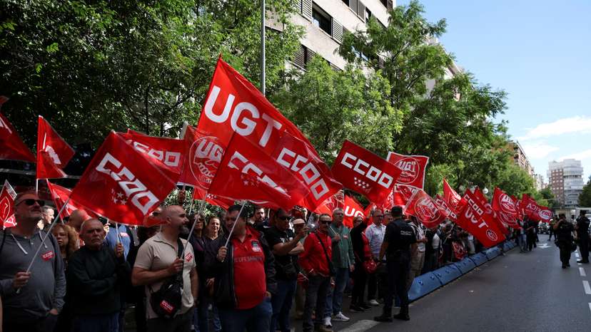 Members of Spanish trade unions UGT and CCOO protest demanding fewer working hours, in Madrid