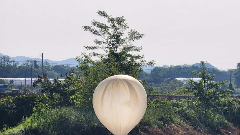 A balloon believed to have been sent by North Korea, carrying various objects including what appeared to be trash and excrement, is seen over a rice field at Cheorwon