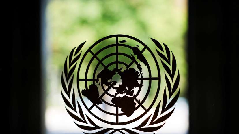 The United Nations logo adorns a window at U.N. headquarters in New York City