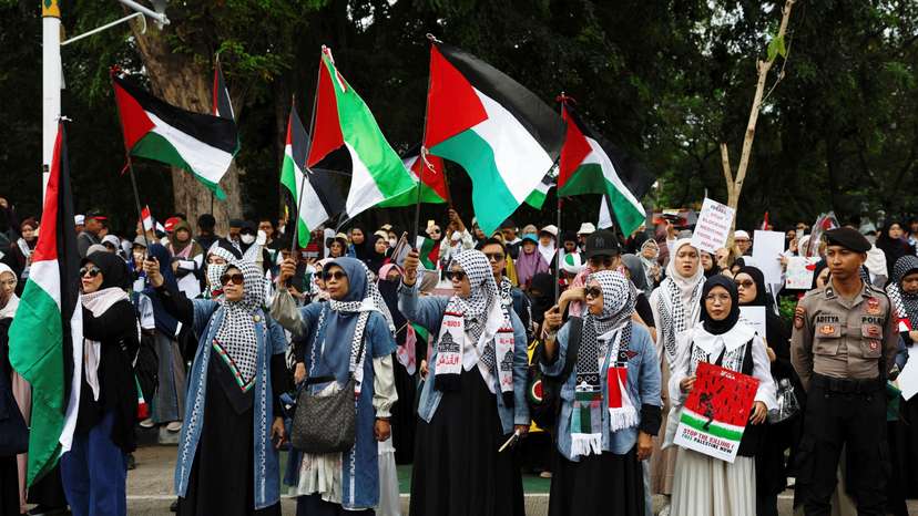 Protest in solidarity with Palestinians in Gaza, on the second anniversary of the war, in Jakarta