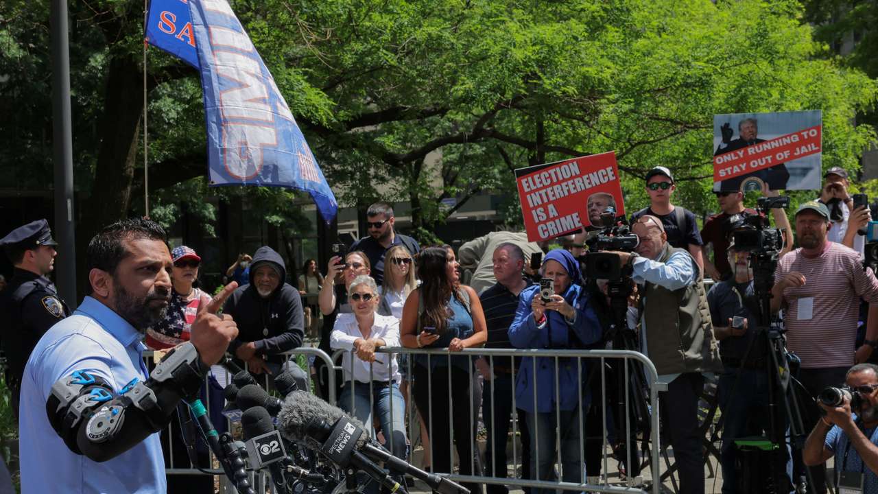 Trump supporters speak at the trial of former U.S. President Donald Trump in Manhattan, New York City
