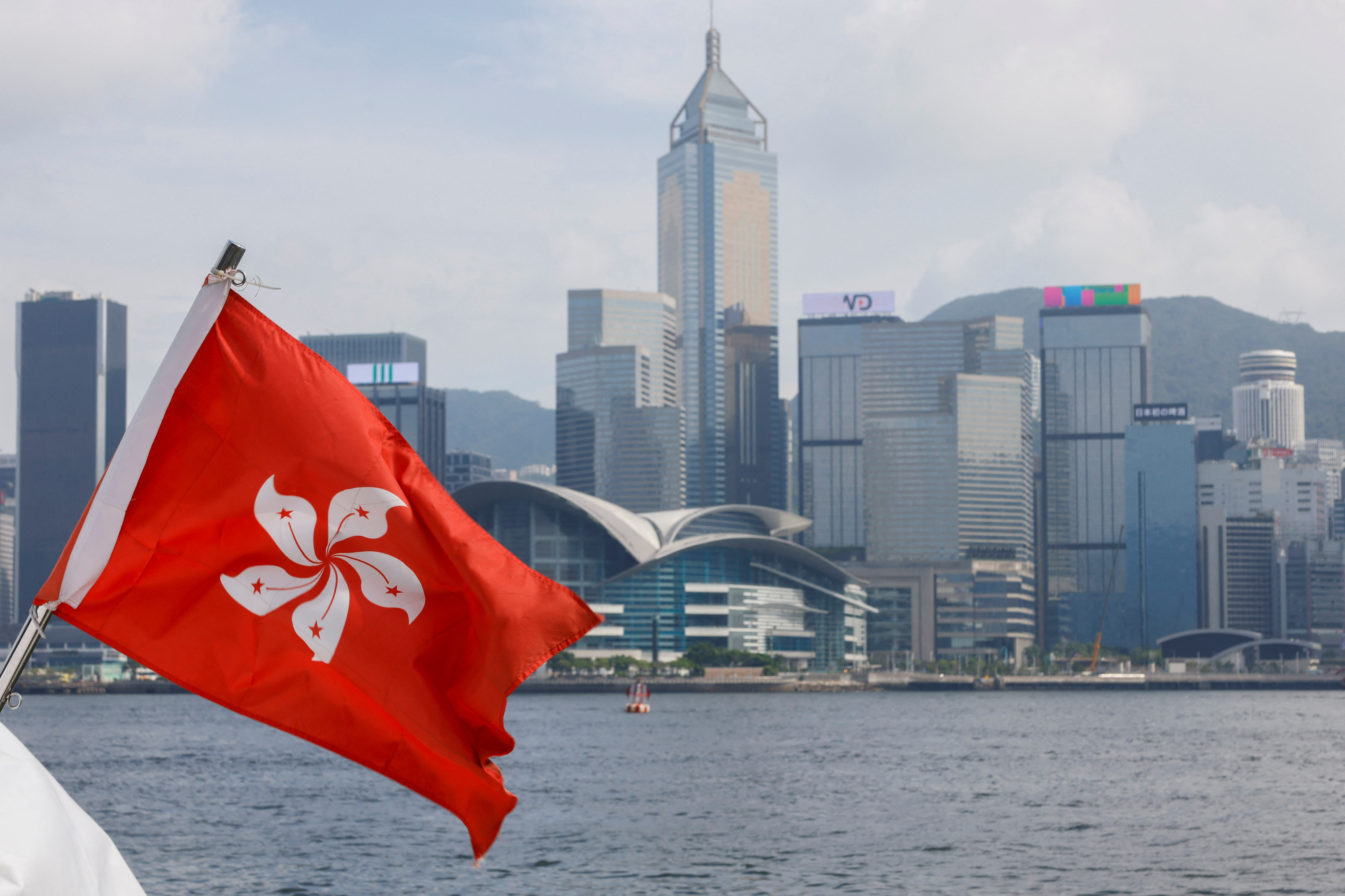 A Hong Kong flag is seen on a vessel at Victoria Harbour in Hong Kong