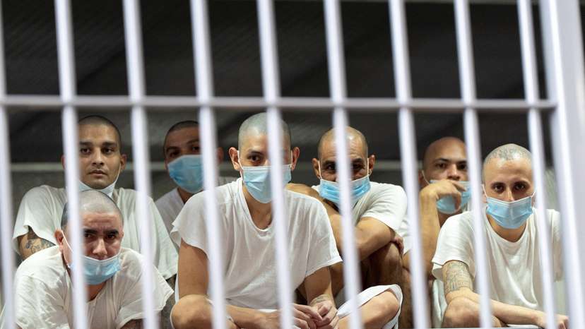 Homeland Security Secretary Kristi Noem tours the Terrorist Confinement Center in Tecoluca