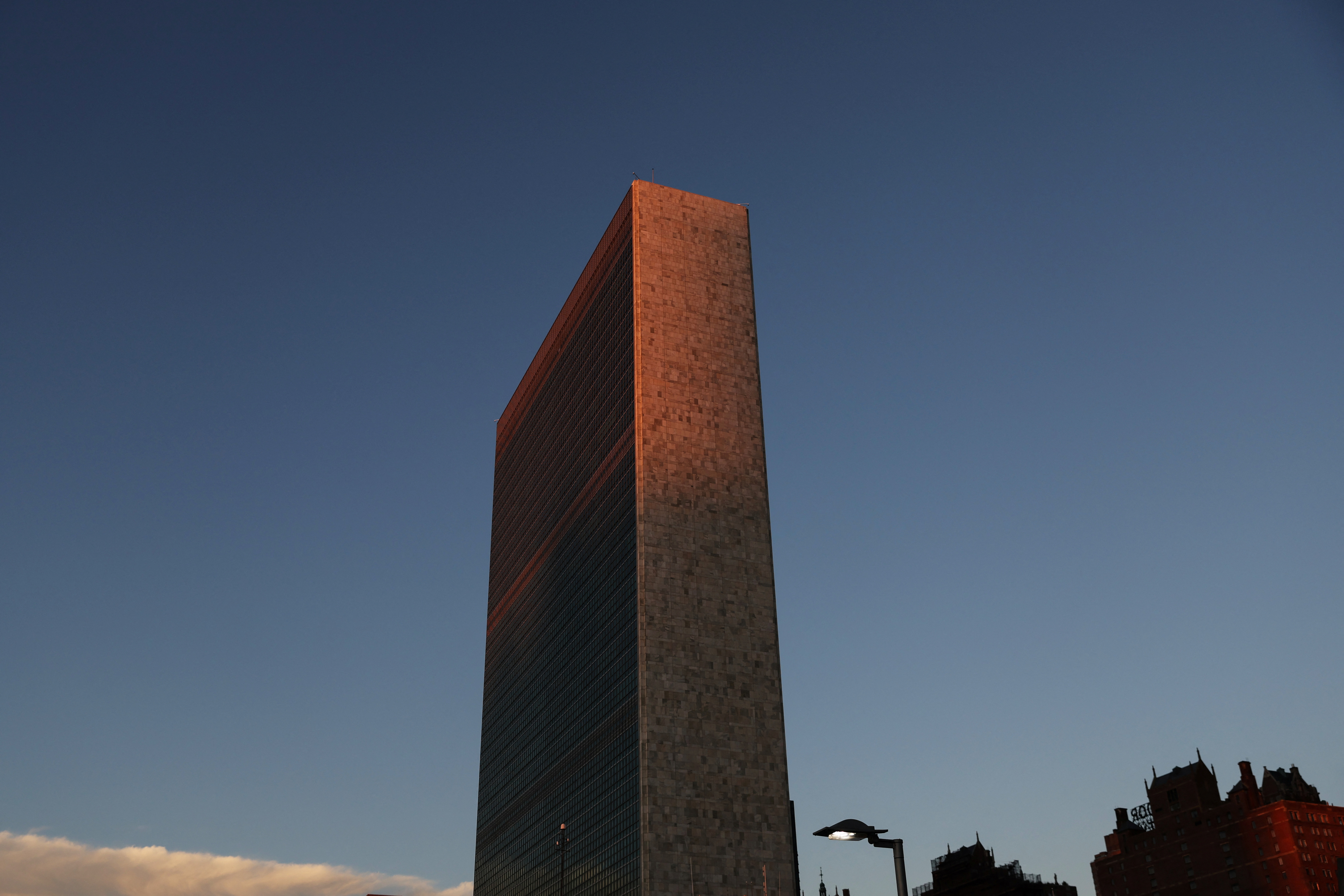 The United Nations building is seen at sunrise during the 77th Session of the United Nations General Assembly at the U.N. Headquarters in New York City