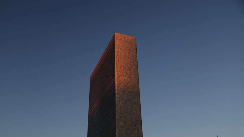 The United Nations building is seen at sunrise during the 77th Session of the United Nations General Assembly at the U.N. Headquarters in New York City