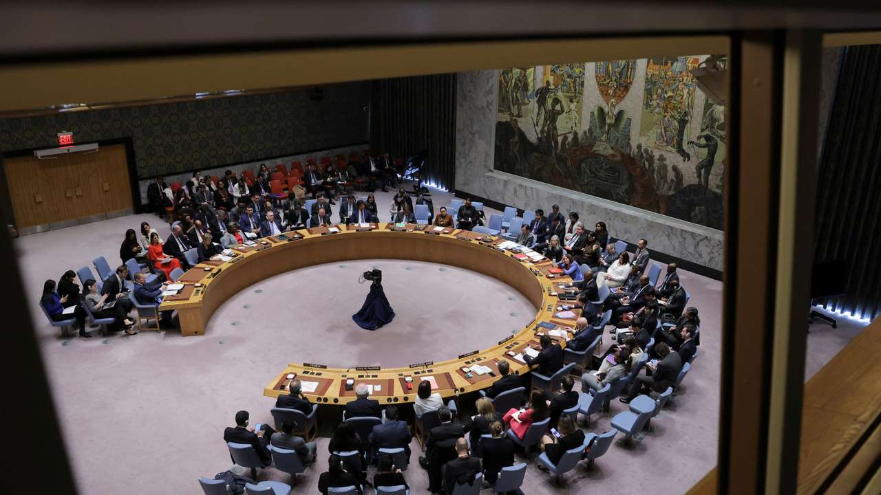 Members of the United Nations Security Council vote on a Gaza resolution that demands an immediate ceasefire, in New York